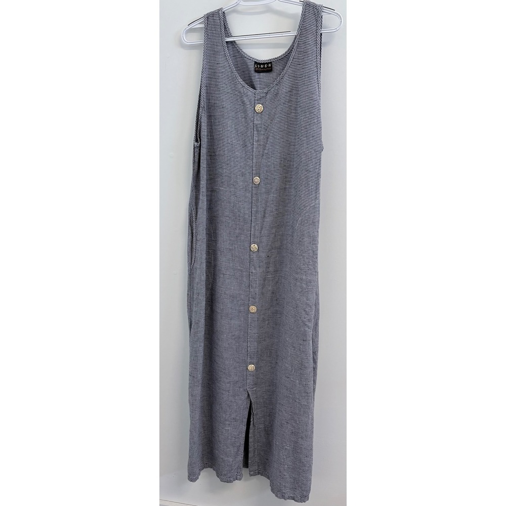 Liz & Jane Linen Maxi Dress Striped Button Front Sleeveless Medium
